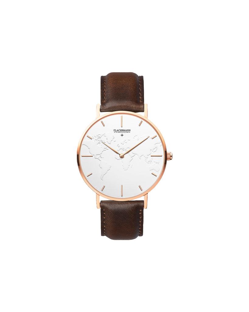 World Traveler 3 Vintage Brown Leather Flachsmann Watches